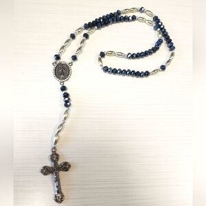 Vintage Catholic Religious 19” Saint Mary Blackish Blue Silver Gold Rosary Beads
